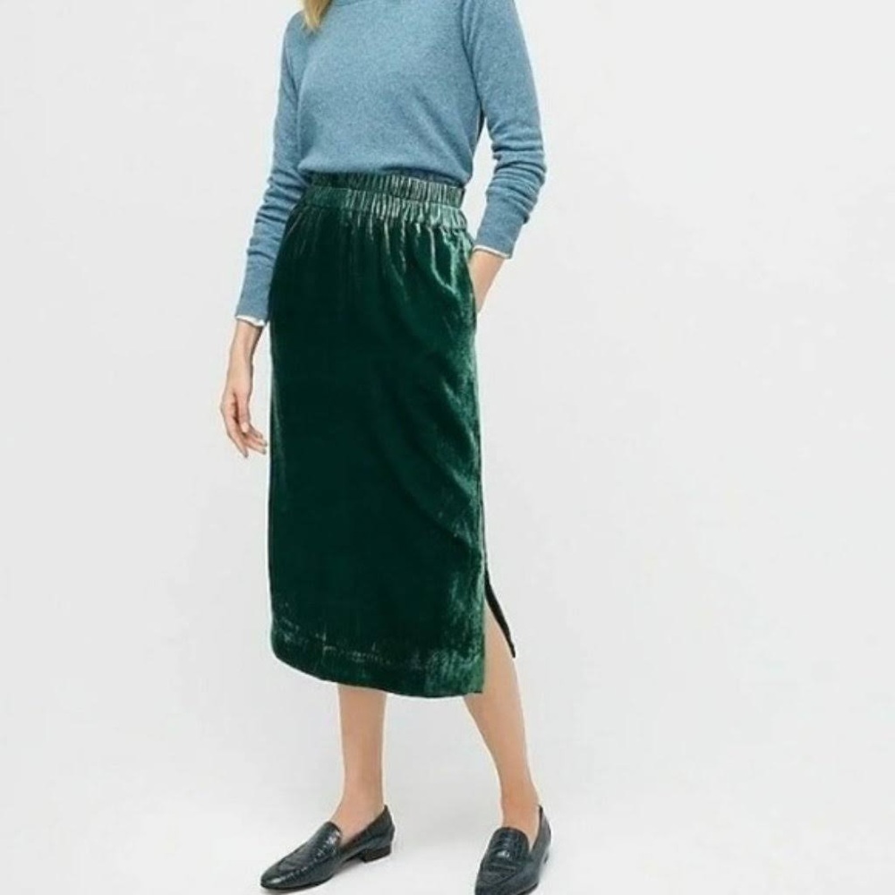 J.Crew Green Velvet Skirt Elastic Waist Pull on Midi M